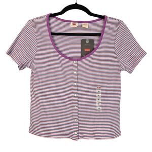 Levi's Shirt Womens Medium Purple Striped The Ribbed Tee Slim Fit Button Front
